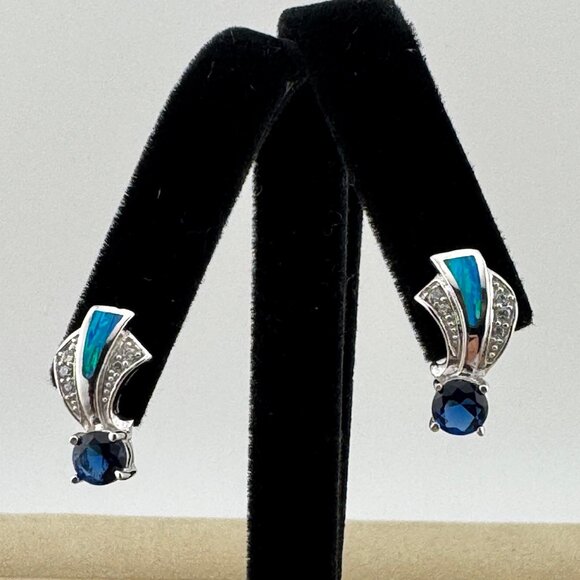 Sapphire & Australian Opal 925 Silver Earrings - Picture 1 of 5